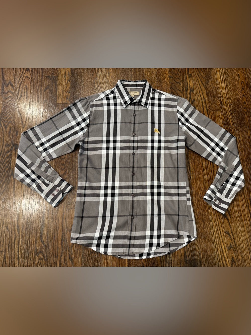 BURBERRY Check Button Up In Gray Plaid Stripe Medium Size M